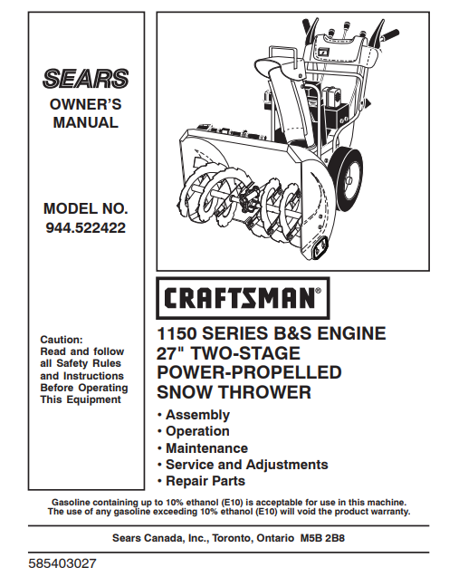 944.522422 Manual for Craftsman 27" Two-Stage Snowblower 