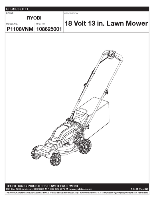 P1108VNM Ryobi 18 Volt Lawn Mower Parts List | DRMower.ca