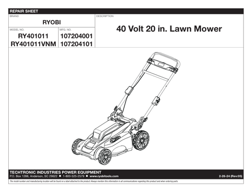 RY401011VNM Ryobi 40 Volt 20"Lawn Mower Parts List RY401011 | DRMower.ca